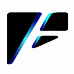 Abstrakcyjne logo w kształcie litery F, czarne elementy z gradientem niebieskim na krawędziach, na białym tle.