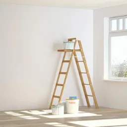 Jasne wnętrze w trakcie prac: drewniana drabina, puszki z farbą i próbki kolorów na ścianie obok okna.