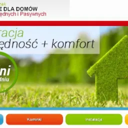 Grafika reklamowa firmy instalacyjnej, przedstawiająca logo firmy Krzysztof Walczak Instalacje dla Domów Energooszczędnych i Pasywnych, hasło 'Rekuperacja = oszczędność + komfort', symbol domu...