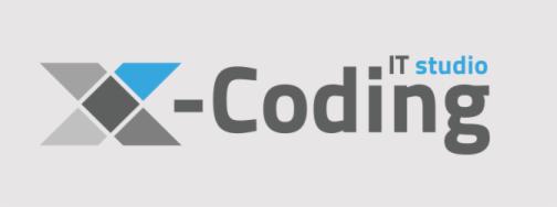 Logo firmy IT Studio o nazwie X-Coding, z geometrycznym symbolem po lewej stronie i napisem w kolorze szarym i niebieskim.