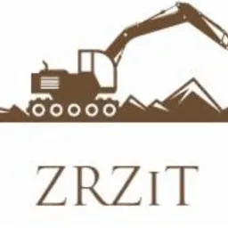 Brązowe logo firmy budowlanej ZRZIT przedstawiające schematyczną sylwetkę koparki na tle górskiego krajobrazu.