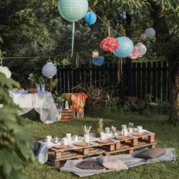 Ogród z drewnianym stołem z palet, nakrytym do przyjęcia, wiszące kolorowe lampiony i dekoracje, rustykalny styl.