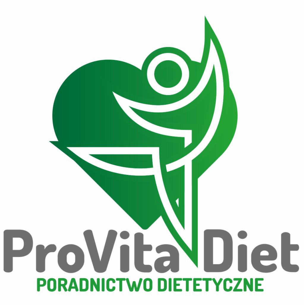 Logo firmy ProVita Diet, z zielonym sercem i sylwetką osoby w dynamicznej pozie, poniżej szary napis 'ProVita Diet' i 'PORADNICTWO DIETETYCZNE'.