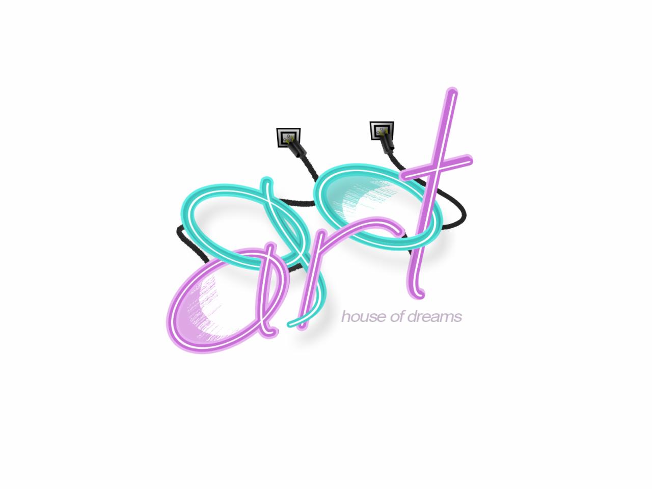 Neonowy napis 'art house of dreams' w kolorach turkusowym i fioletowym, z wtyczkami, potencjalne logo firmy z Poznania.
