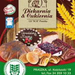 Kompozycja wypieków cukierniczych i piekarskich, w tym tort urodzinowy z napisem 'Urodziny Mamy', chleb z makiem, bułki i ciastka na tle grafiki z logo i adresem firmy.