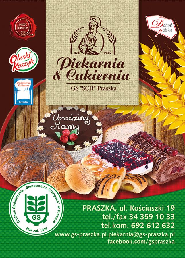 Kompozycja wypieków cukierniczych i piekarskich, w tym tort urodzinowy z napisem 'Urodziny Mamy', chleb z makiem, bułki i ciastka na tle grafiki z logo i adresem firmy.