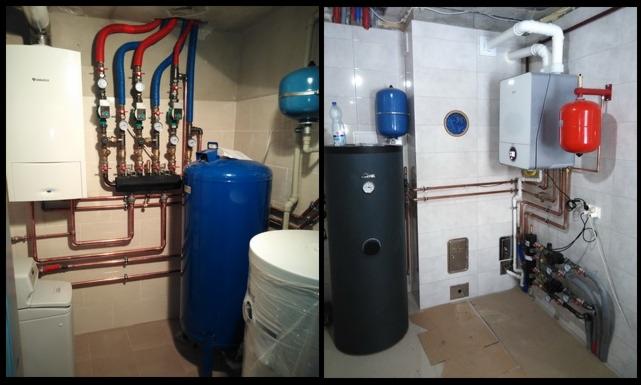 Dwie instalacje grzewcze w kotłowni, po lewej biały piec gazowy Junkers z osprzętem, po prawej szary piec z czerwonym zasobnikiem, oba z miedzianymi rurami.