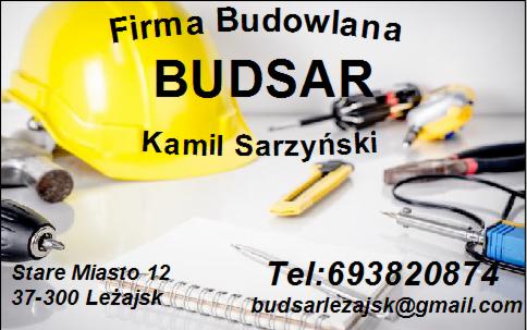 Żółty kask budowlany, narzędzia, notatnik i dane kontaktowe firmy Budowlanej BUDSAR, Kamil Sarzyński. Stare Miasto-12, 37-300 Leżajsk, Tel:693820874, budsarleżajsk@gmail.com