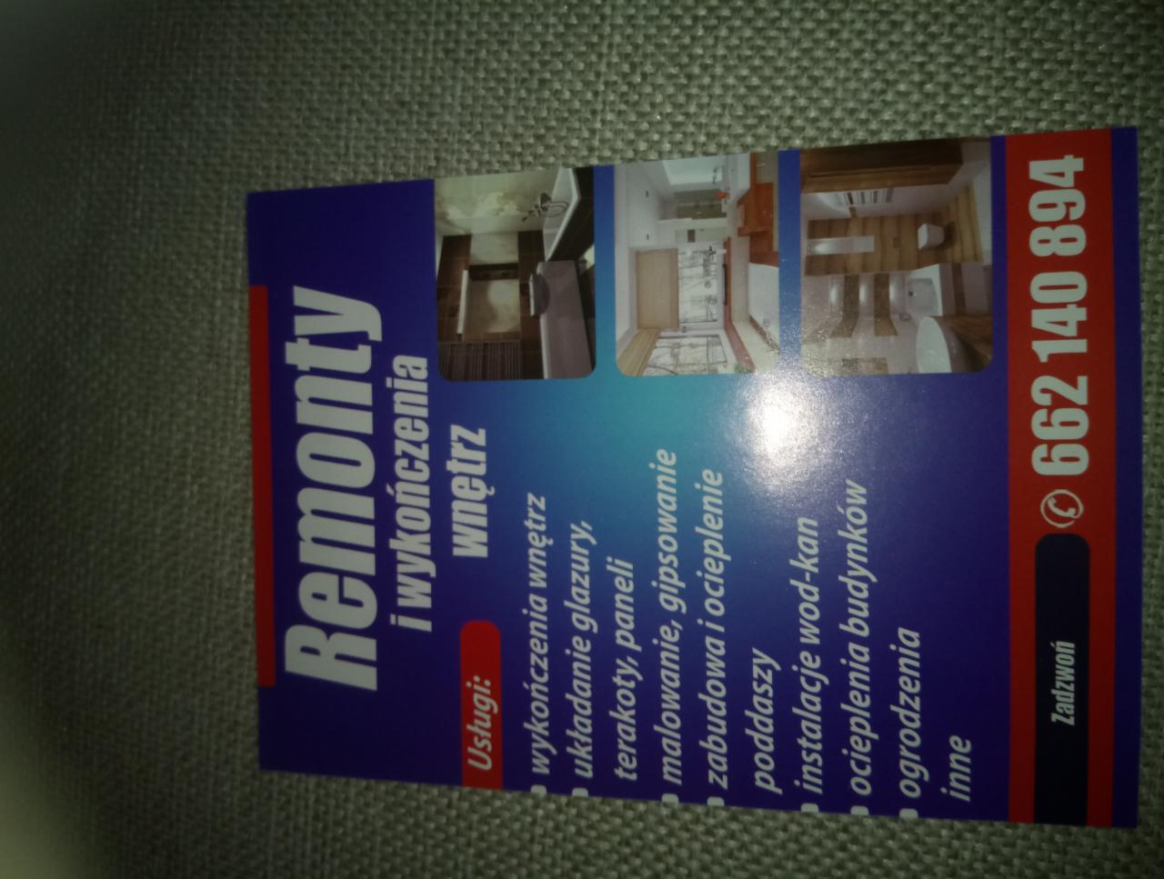 Wizytówka firmy remontowej z przykładami aranżacji wnętrz łazienek i zakresem świadczonych usług, w tym ociepleniem poddaszy i instalacjami wod-kan.