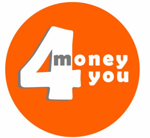 Pomarańczowe logo '4money you' z białą cyfrą 4 i szarym cieniem. Napis money you w kolorze szarym i białym, umieszczony obok cyfry.