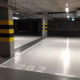 Wnętrze parkingu podziemnego z betonowymi kolumnami oznaczonymi czarno-żółtymi pasami, szara posadzka z białymi liniami wyznaczającymi miejsca parkingowe i numerem 262, widoczne instalacje...