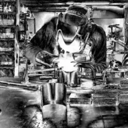 Monochromatyczne ujęcie spawacza w masce ochronnej, wykonującego pracę przy stole warsztatowym z narzędziami i stosem metalowych elementów.