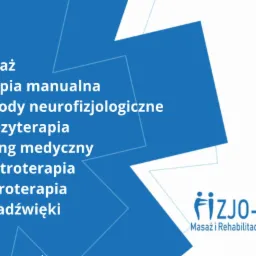 Grafika reklamowa gabinetu fizjoterapii FIZJO-MAT z listą oferowanych usług: masaż, terapia manualna, metody neurofizjologiczne, kinezyterapia, taping medyczny, elektroterapia, laseroterapia...