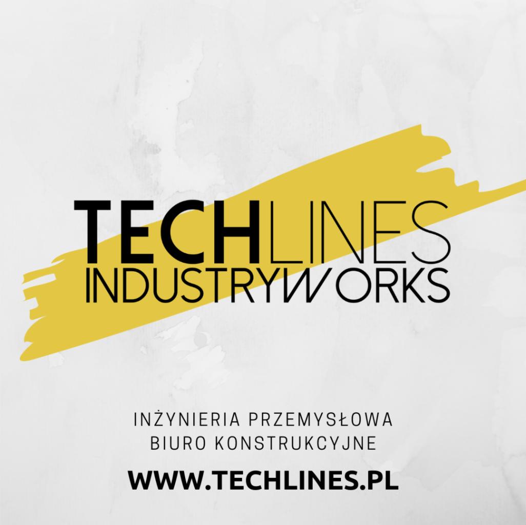 Logo firmy Techlines Industryworks, świadczącej usługi inżynierii przemysłowej i posiadającej biuro konstrukcyjne. Żółty pasek za nazwą firmy.