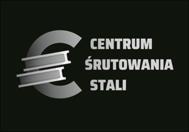Logotyp 'Centrum Śrutowania Stali' na ciemnym tle. Stylizowana litera 'C' z dwoma profilami stalowymi wewnątrz. Szary odcień logo.