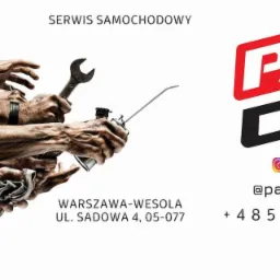 Grafika reklamowa warsztatu samochodowego: liczne dłonie trzymające narzędzia (klucze, smarownica), logo 'PAN CAR', adres w Warszawie-Wesołej i dane kontaktowe.