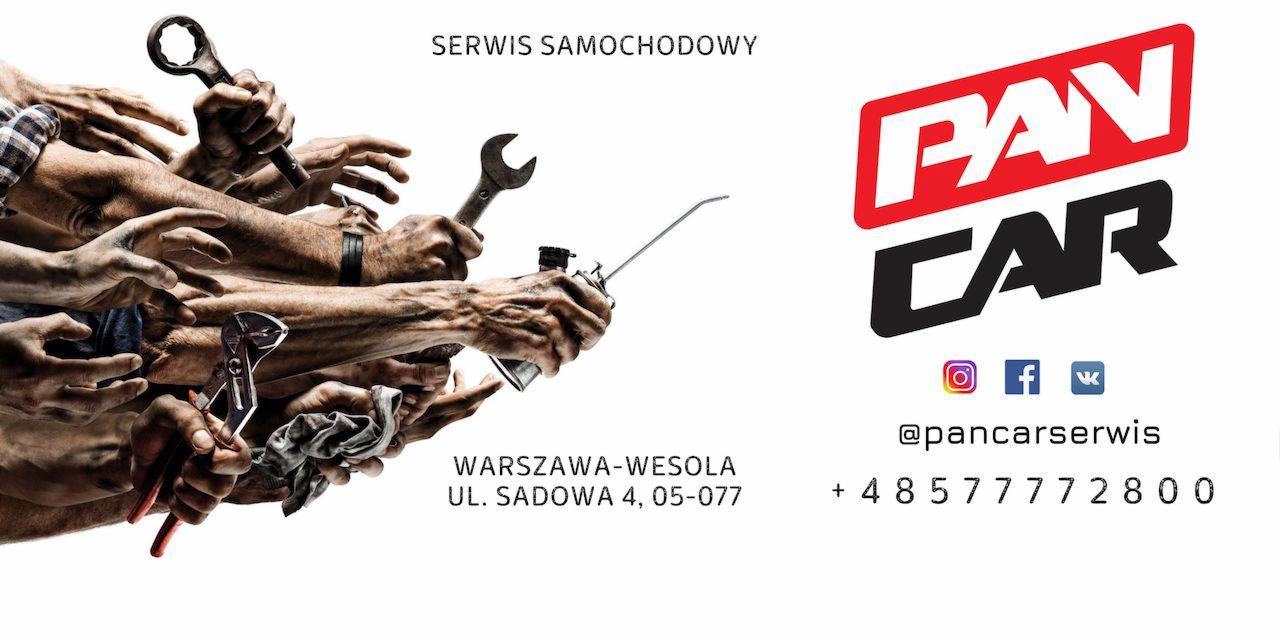 Grafika reklamowa warsztatu samochodowego: liczne dłonie trzymające narzędzia (klucze, smarownica), logo 'PAN CAR', adres w Warszawie-Wesołej i dane kontaktowe.