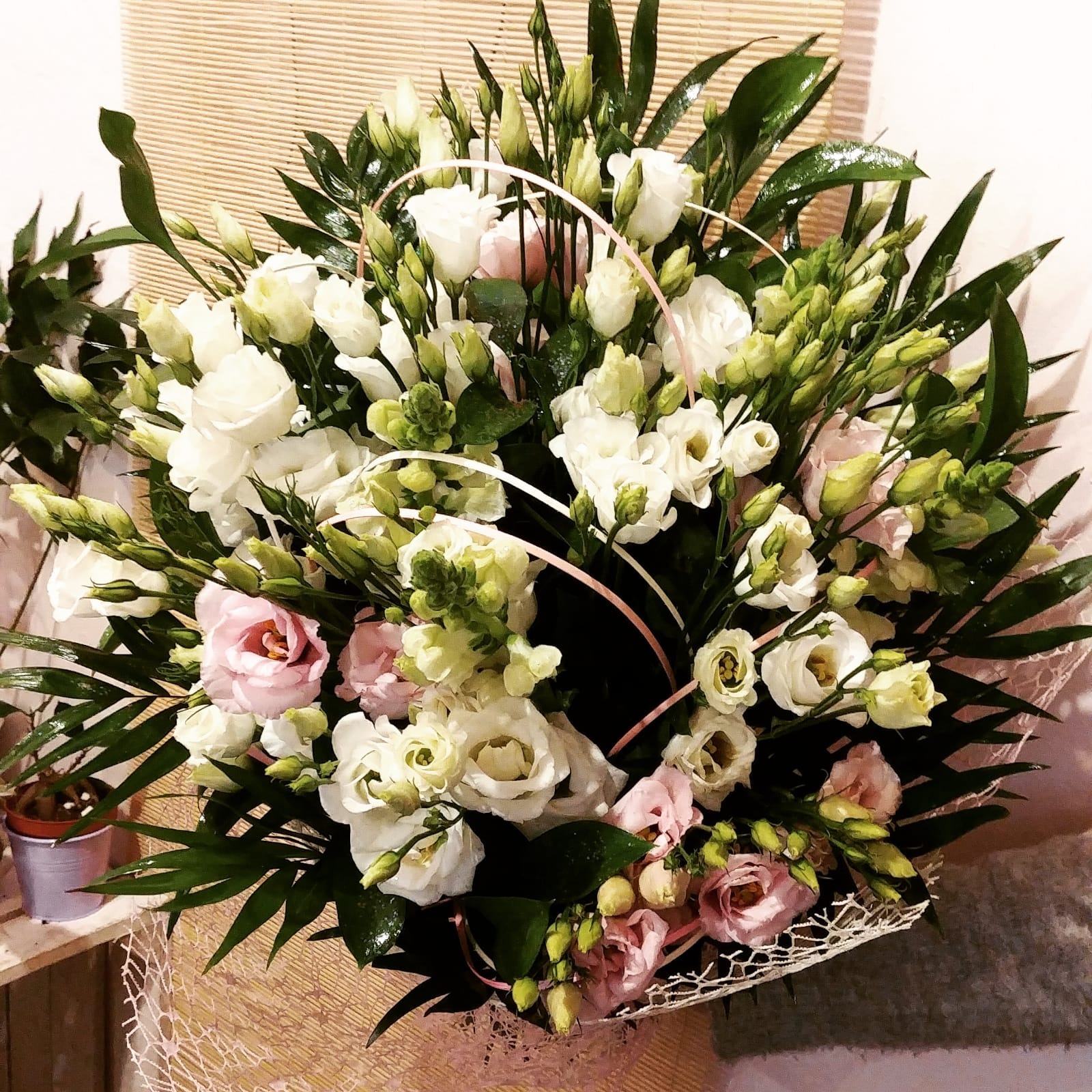 Kompozycja kwiatowa z białych i różowych eustom z zielonymi dodatkami, owinięta w siatkę i ozdobiona różowymi wstążkami, ustawiona na drewnianym tle z małą doniczką obok.
