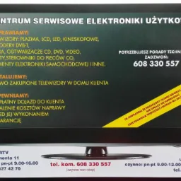 Ogłoszenie serwisu RTV: naprawa telewizorów (LCD, LED, plazma), radia, DVD, pilotów. Darmowy dojazd i gwarancja. Dwa punkty serwisowe z numerem telefonu.