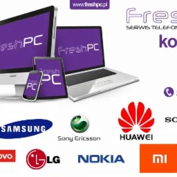 Grafika reklamowa firmy FreshPC oferującej serwis komputerów i telefonów, wyświetlająca monitor, laptop i tablet z logo firmy, oraz logotypy popularnych marek telefonów i komputerów.