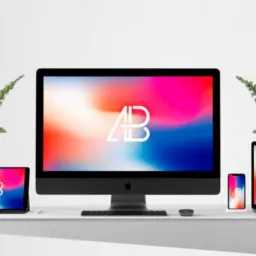 Mockup zestawu urządzeń Apple (iMac, MacBook, iPad, iPhone, HomePod) z wyświetlanym logo AB na ekranach, ustawionych na białej półce, z minimalistycznym tłem i roślinami doniczkowymi po bokach.