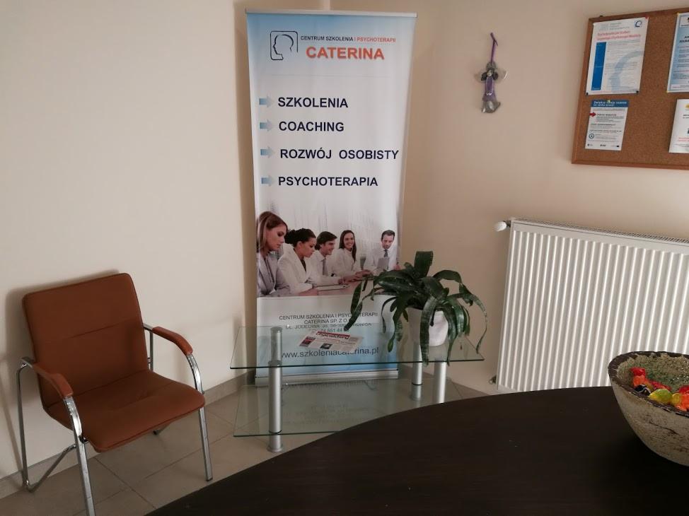 Wnętrze gabinetu w Świdnicy z brązowym fotelem, stolikiem ze szklanym blatem i roll-upem reklamującym Centrum Szkolenia i Psychoterapii Caterina z ofertą szkoleń, coachingu, rozwoju osobistego...