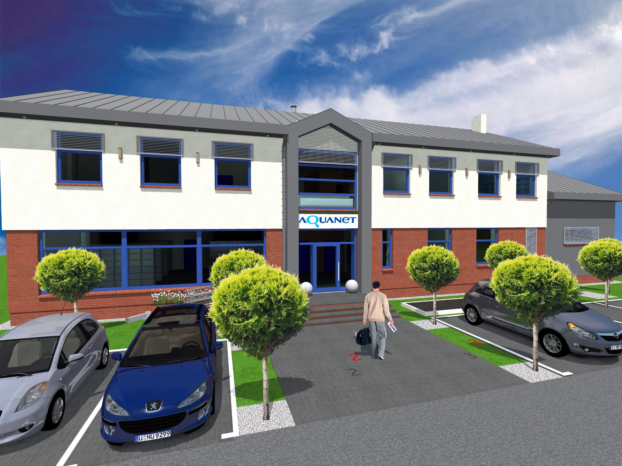 Wizualizacja budynku usługowego z parkingiem, drzewami ozdobnymi i postacią wchodzącą do środka, z logo Aquanet nad wejściem.