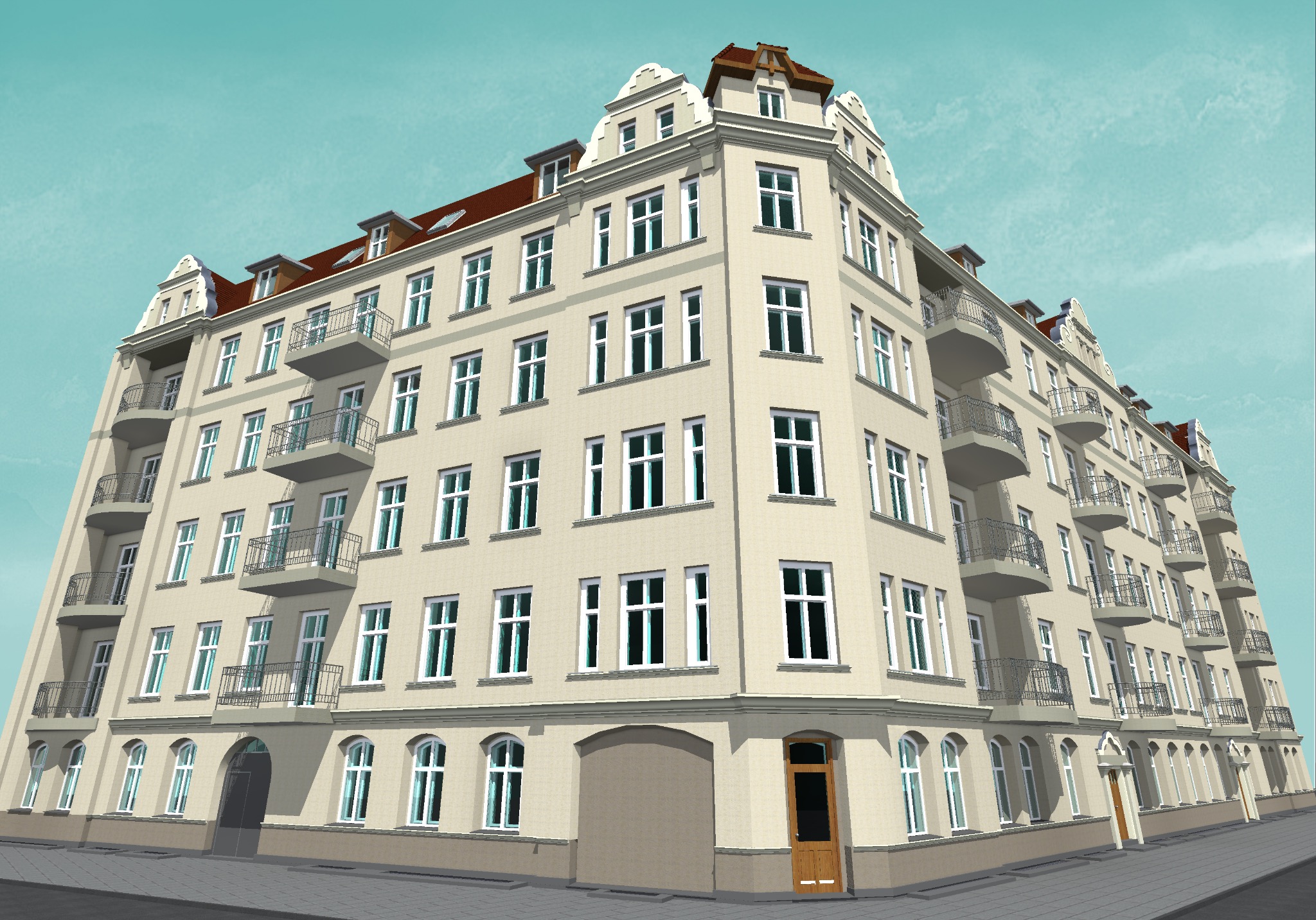 Wizualizacja kamienicy w stylu secesyjnym z balkonami, widok z dołu na elewację z licznymi oknami i dekoracyjnymi detalami architektonicznymi.