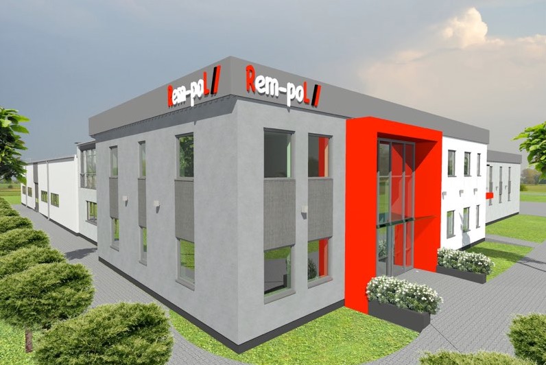 Wizualizacja budynku usługowego z szarą elewacją, czerwonymi akcentami wejściowymi i logo firmy Rem-pol na dachu, otoczonego zielenią i kostką brukową.