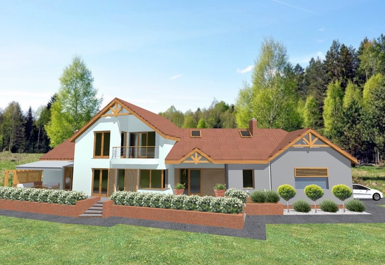 Wizualizacja 3D domu jednorodzinnego z dwuspadowym dachem w kolorze ceglastym, białymi ścianami i elementami drewnianymi na tle zieleni, z zadbanym ogrodem i podjazdem.