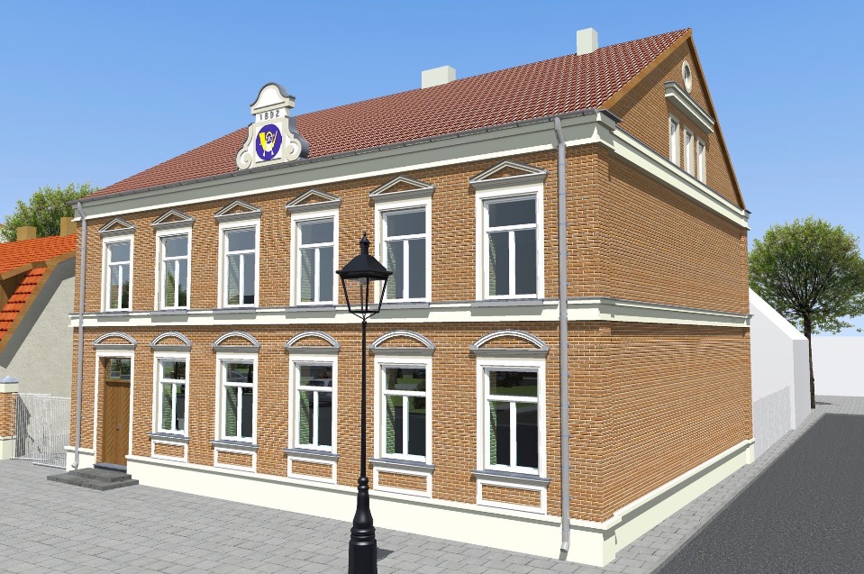 Wizualizacja dwupiętrowego budynku usługowego z cegły klinkierowej z białymi obramowaniami okien i dekoracyjnym elementem nad wejściem z datą 1892 i logo. Na pierwszym planie czarna latarnia uliczna.
