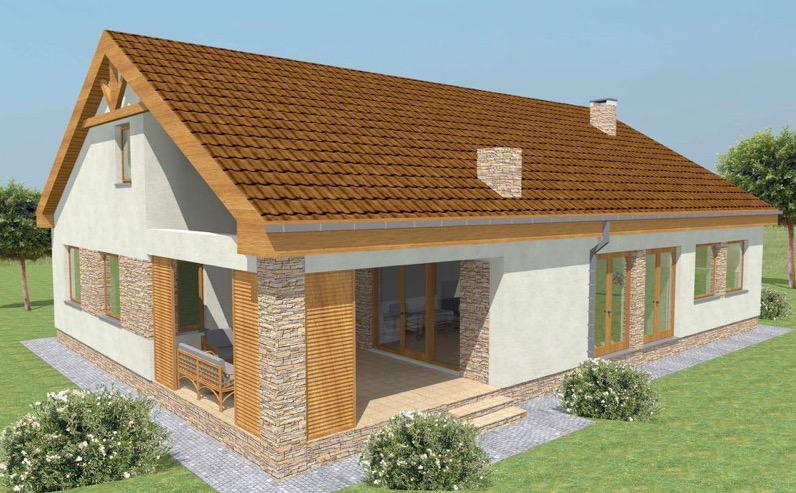 Wizualizacja parterowego domu jednorodzinnego z brązowym dachem, elewacją w odcieniach bieli i kamiennymi elementami dekoracyjnymi, takimi jak filary i fragmenty ścian, otoczonego zielonym...