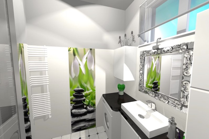 Wizualizacja łazienki w bieli z czarnymi akcentami, z motywem kamieni i kwiatów na ścianie, lustro w ozdobnej ramie, grzejnik drabinkowy, umywalka nablatowa i kaktus w doniczce.