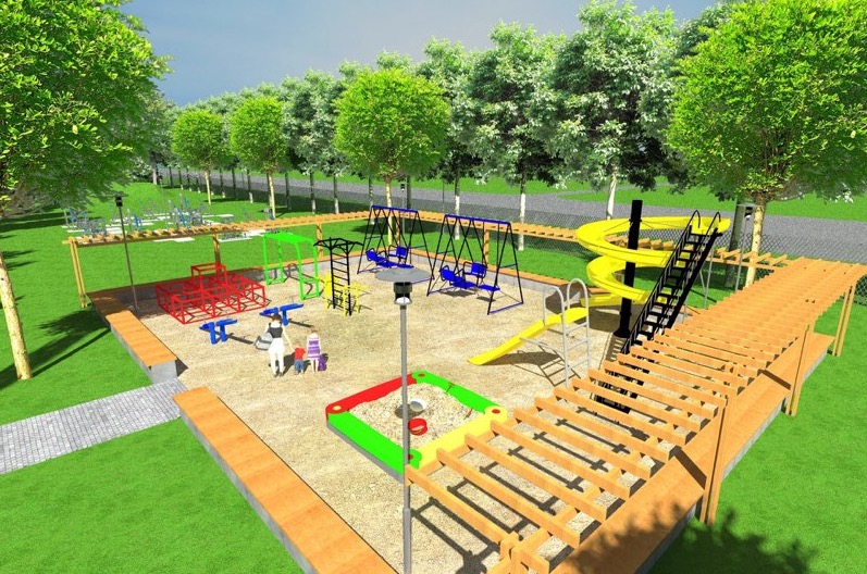 Wizualizacja 3D placu zabaw z piaskownicą, zjeżdżalnią spiralną, huśtawkami i drabinkami na tle zieleni miejskiej.