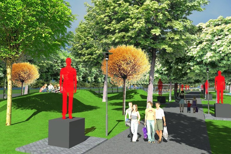 Wizualizacja parku miejskiego z alejką spacerową, czerwonymi rzeźbami postaci na postumentach, drzewami i grupą ludzi.