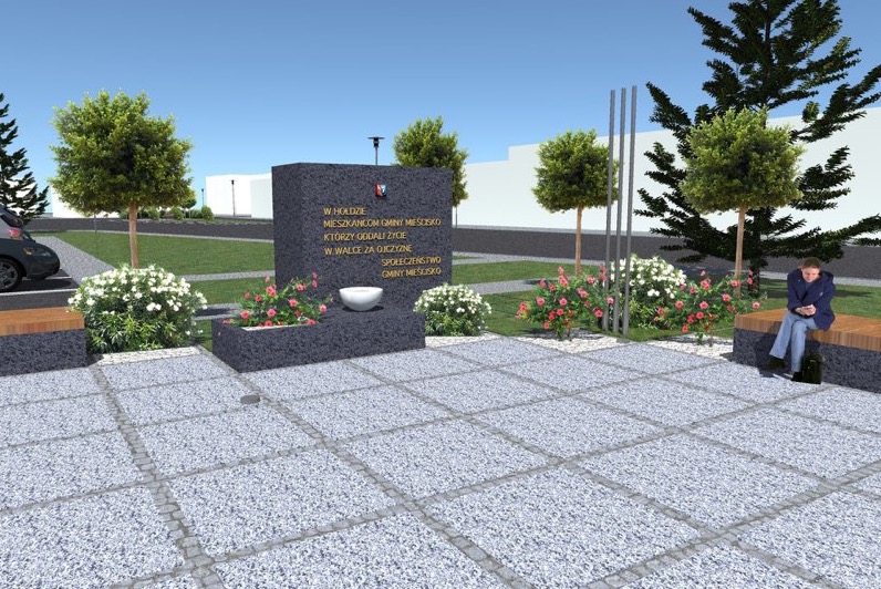 Wizualizacja projektu zagospodarowania przestrzeni publicznej w Mieścisku: pomnik z inskrypcją otoczony zielenią, ławkami i utwardzonym placem.