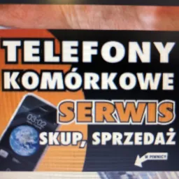 Billboard reklamowy z napisem 'Telefony komórkowe Serwis Skup, Sprzedaż' i grafiką smartfona z wyświetlonym globusem, wskazujący strzałką 'W piwnicy'.
