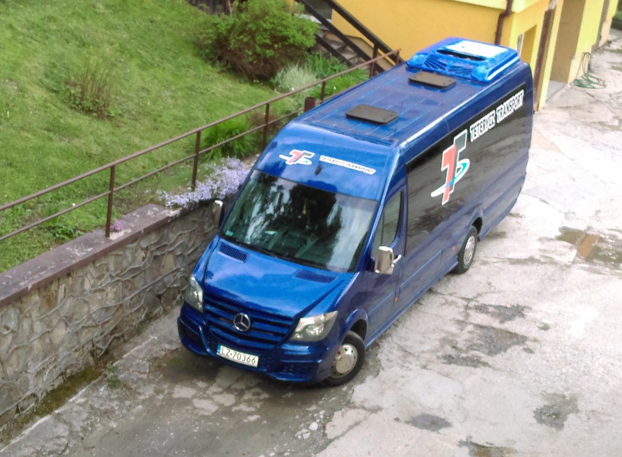 Niebieski bus dostawczy firmy Tetervez Transport zaparkowany na mokrym podjeździe, widok z góry, z widocznym logo firmy na boku.