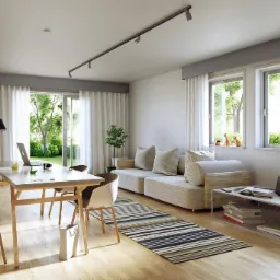 Jasne, przestronne wnętrze pokoju dziennego z drewnianą podłogą, białymi ścianami, dużymi oknami z białymi zasłonami, sofą z jasnymi poduszkami, stołem z krzesłami, lampą podłogową i dywanem w paski.