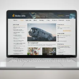 Laptop wyświetlający stronę internetową Bolec.info z forum, artykułami, zdjęciem wraku samolotu i danymi kontaktowymi.