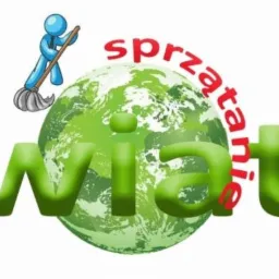 Grafika przedstawiająca stylizowaną kulę ziemską z napisem 'sprzątanie świata', nad którą unosi się niebieska postać z mopem.