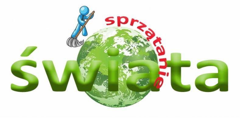 Grafika przedstawiająca stylizowaną kulę ziemską z napisem 'sprzątanie świata', nad którą unosi się niebieska postać z mopem.