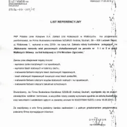 Skan listu referencyjnego dla firmy z Lwówka Śląskiego, potwierdzający wykonanie remontu wiat peronowych na stacji kolejowej, obejmującego wymianę rynien, blach i malowanie.
