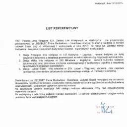 Skan listu referencyjnego od PKP Polskie Linie Kolejowe S.A. dla firmy budowlanej SZUBUD, potwierdzający realizację remontów budynków i budowli oraz wymianę i naprawę ogrodzenia z elementów...