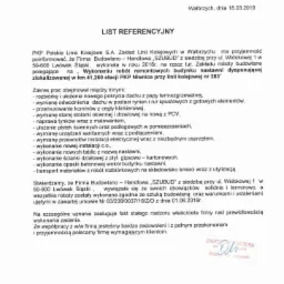 Skan dokumentu referencyjnego od PKP Polskie Linie Kolejowe S.A. dla firmy Budowlano-Handlowej 'SZUBUD' z Lwówka Śląskiego, potwierdzający wykonanie robót remontowych budynku nastawni na stacji PKP...