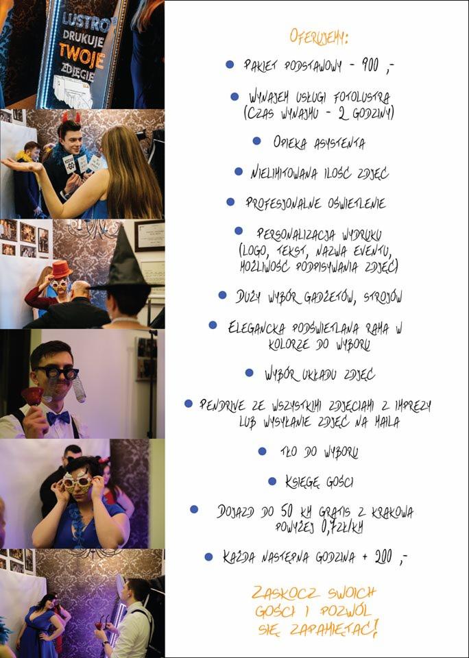 Uczestnicy imprezy w Staniątkach pozują do zdjęć w fotolustrze z różnymi gadżetami, widoczne osoby w przebraniach i z rekwizytami, w tle ściana z wydrukowanymi zdjęciami.