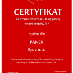 Certyfikat Centrum Informacji Księgowej dla PANEX Sp. z o.o. z datą wydania 22.11.2017 r., potwierdzający pozytywną weryfikację podmiotu wykonującego usługi księgowe, podpisany przez Jakuba Oleksina.