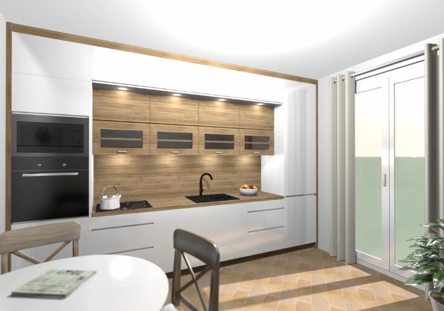Wizualizacja nowoczesnej kuchni z białymi frontami i drewnianymi akcentami, oświetleniem podszafkowym, okapem w zabudowie, okrągłym stołem i krzesłami w tle oraz wyjściem na balkon.