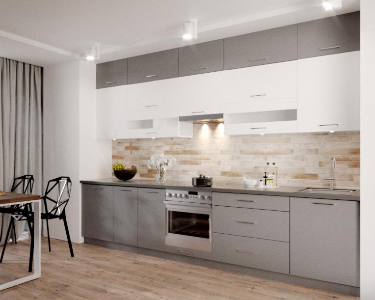 Nowoczesna kuchnia z szarymi dolnymi szafkami, białymi górnymi szafkami i ceglaną ścianą nad blatem, oświetlona punktowo, z widocznym stołem i krzesłami w tle.