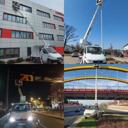 Robclean Rutkowski Robert - Kompozycja czterech ujęć z prac z wykorzystaniem podnośnika koszowego: czyszczenie elewacji biurowca, montaż oświetlenia ulicznego, wieszanie baneru reklamowego oraz inspekcja konstrukcji mostu.